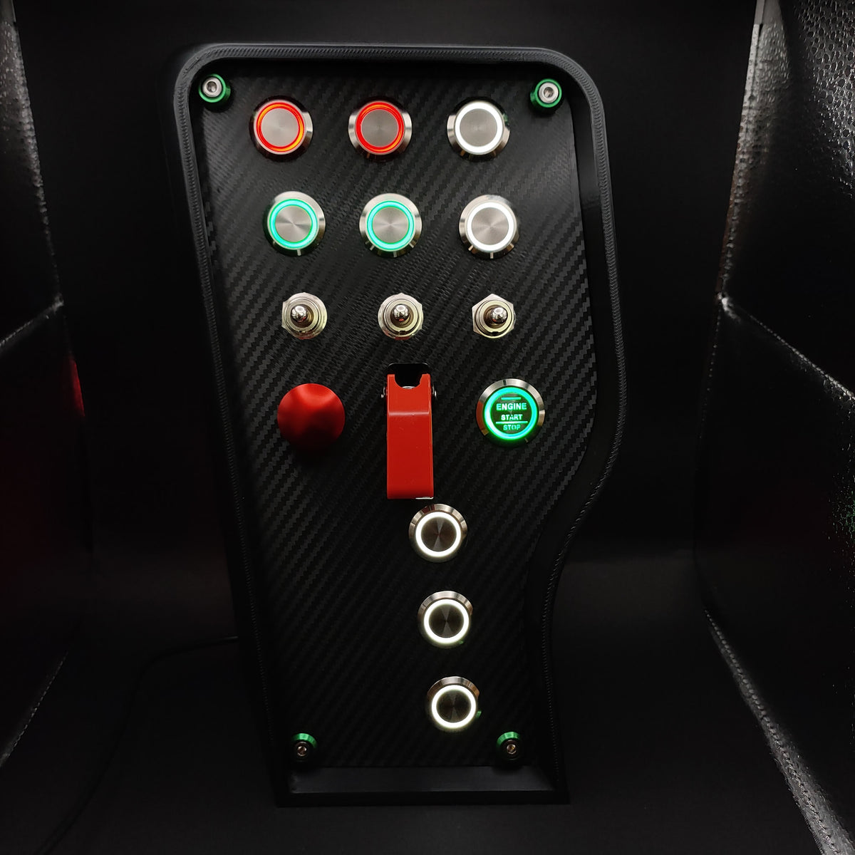 Monza Edition sim racing box with green, white, and red LEDs and matching red toggle cover.