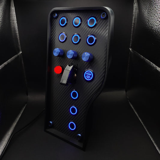 Left perspective of Sport+ Blue button box showing blue anodised aluminium rotary encoders and bolt trim.