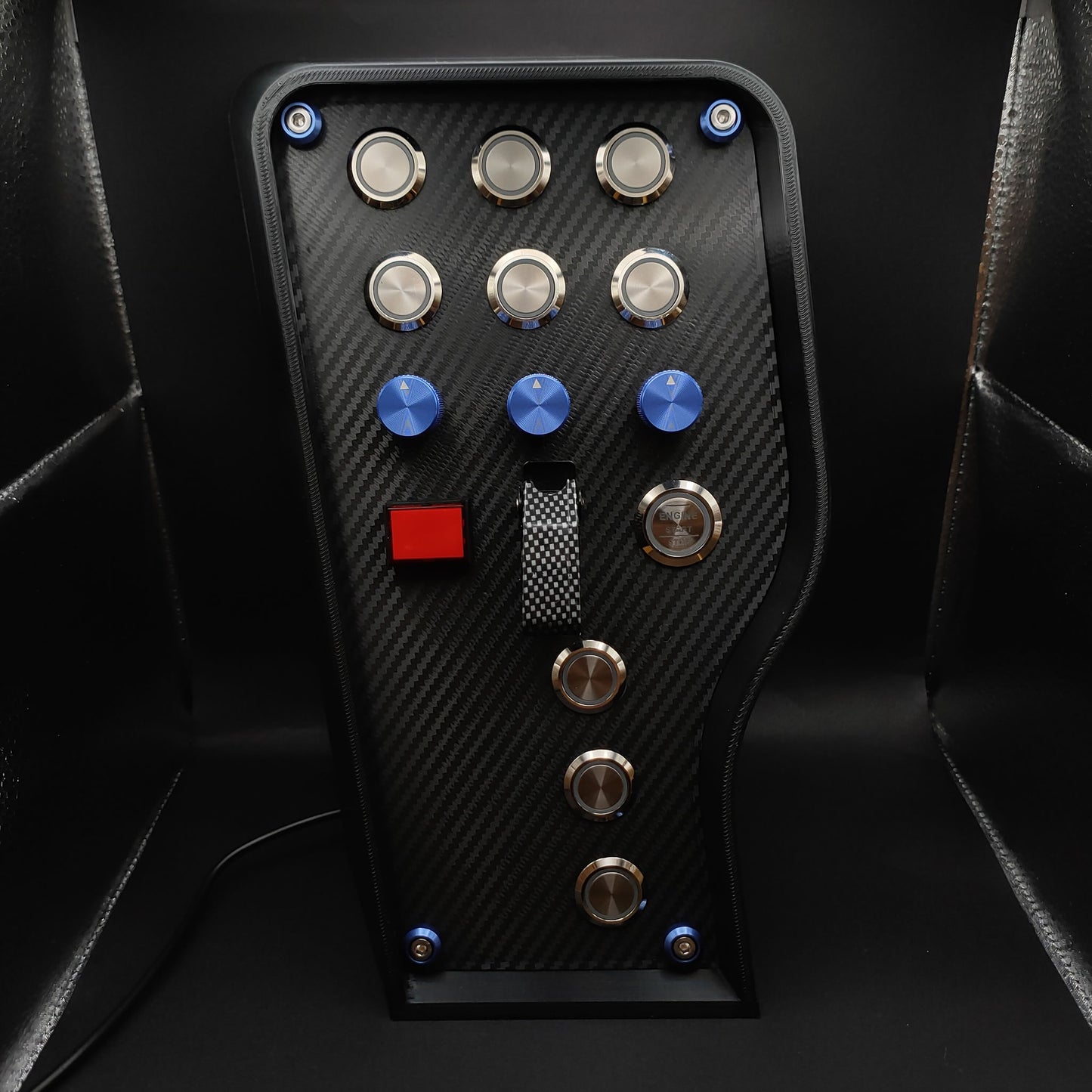 GT Blue Edition button box featuring chrome buttons, LEDs off, and carbon fibre toggle cover.