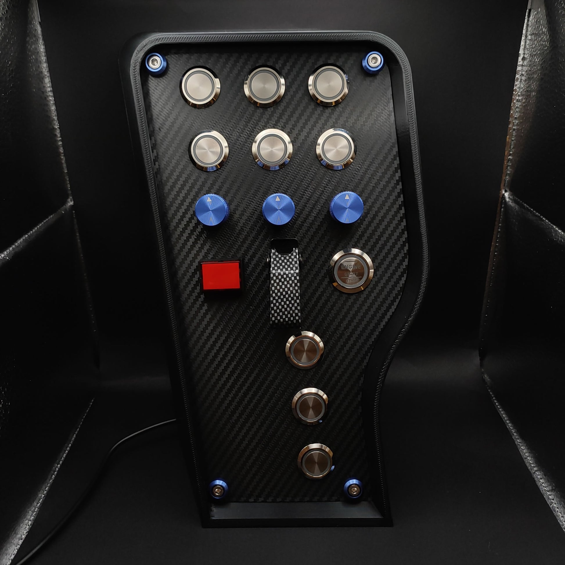 GT Blue Edition button box featuring chrome buttons, LEDs off, and carbon fibre toggle cover.