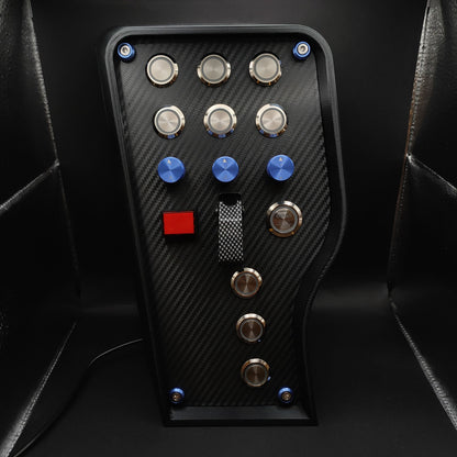 GT Blue Edition button box featuring chrome buttons, LEDs off, and carbon fibre toggle cover.