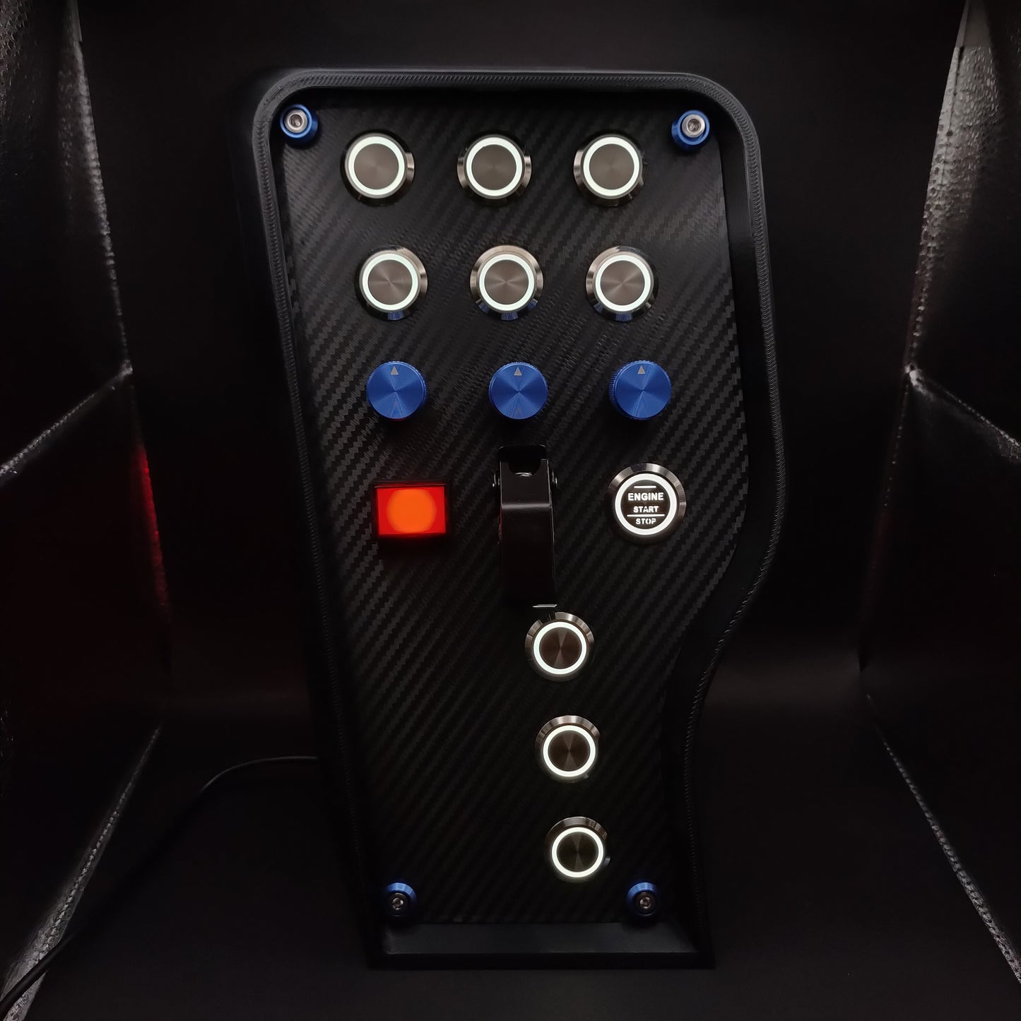 GT Blue Edition sim button box with carbon fibre panel, white LEDs, and black ignition toggle cover.
