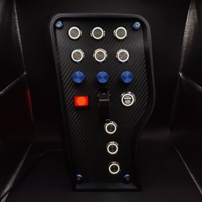 GT Blue Edition sim button box with carbon fibre panel, white LEDs, and black ignition toggle cover.