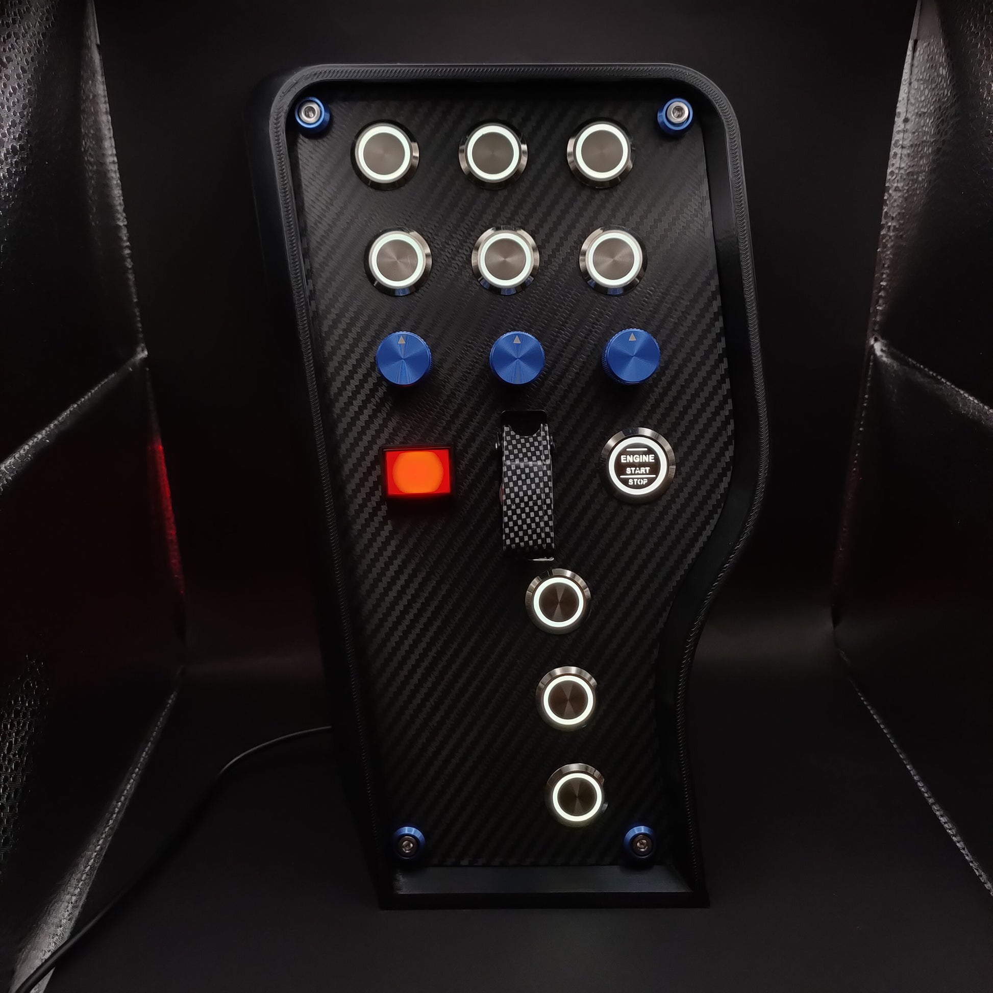 GT Blue Edition button box featuring chrome buttons, white LED rings, and carbon fibre toggle cover.