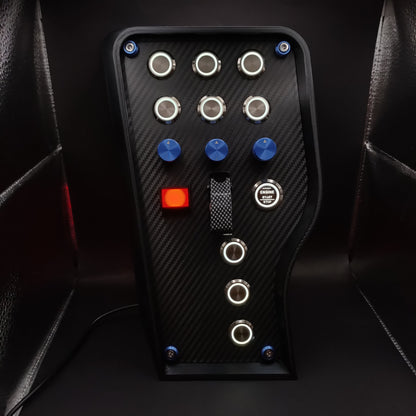 GT Blue Edition button box featuring chrome buttons, white LED rings, and carbon fibre toggle cover.