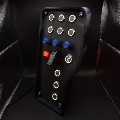Left perspective of GT Blue button box showing blue anodised aluminium rotary encoders and white LEDs.