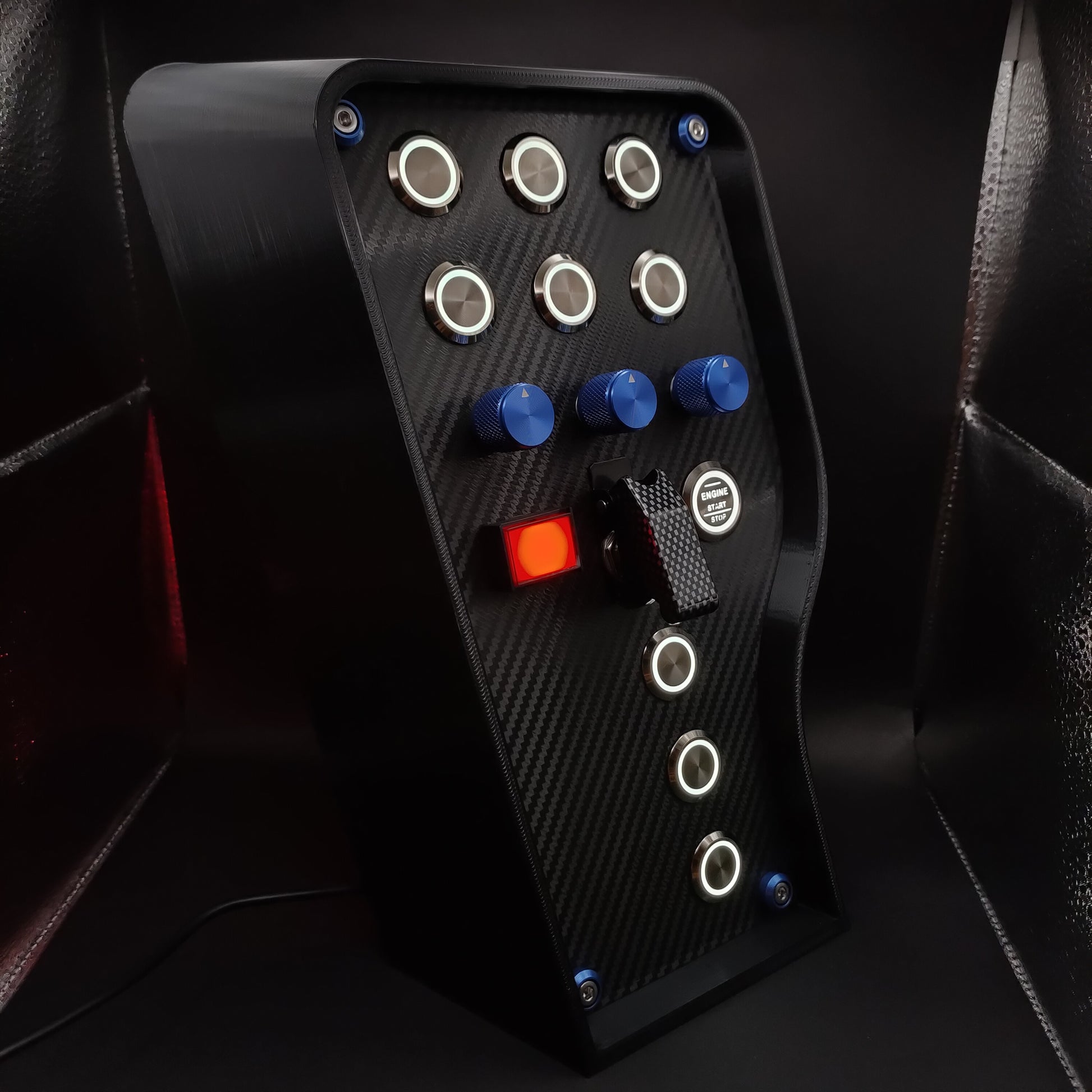 Right angle view of GT Blue Edition box highlighting polished chrome hardware and white illumination.