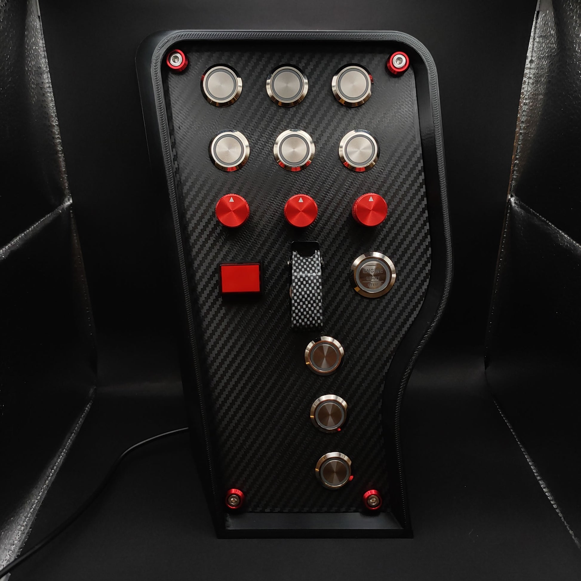 GT Red Edition button box featuring chrome buttons, LEDs off, and carbon fibre toggle cover.