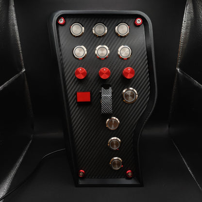 GT Red Edition button box featuring chrome buttons, LEDs off, and carbon fibre toggle cover.