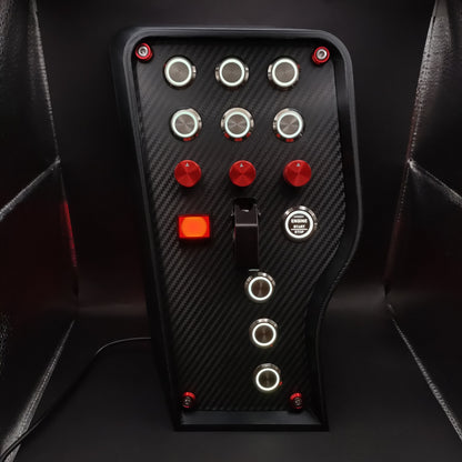GT Red Edition sim button box with carbon fibre panel, white LEDs, and black ignition toggle cover.