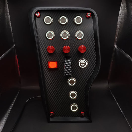 GT Red Edition button box featuring chrome buttons, white LED rings, and carbon fibre toggle cover.