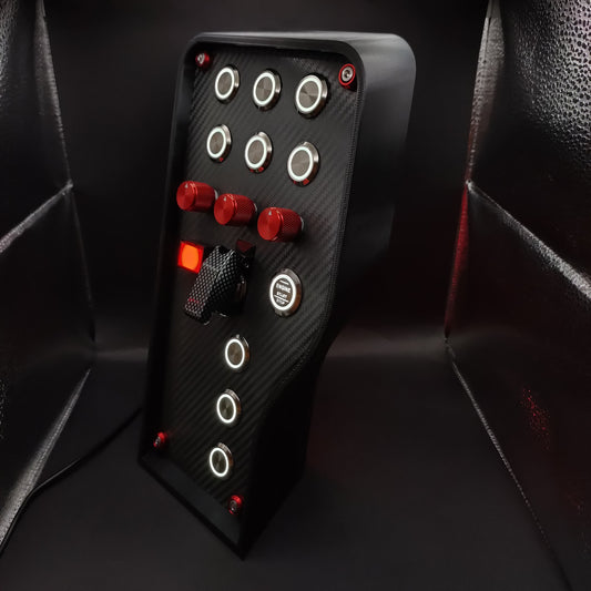 Left perspective of GT Red button box showing red anodised aluminium rotary encoders and white LEDs.