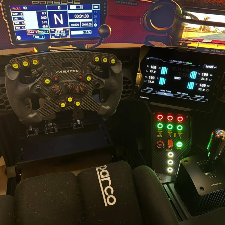 Sim rig with an Octane Sim Gear button box: Monza edition and Fanatec wheel.