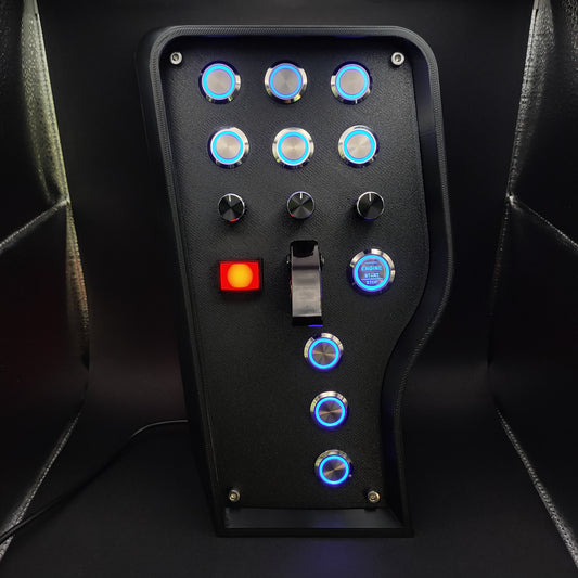 Front view of the Classic - Blue Edition button box with a matte front panel, 10 vibrant blue LED buttons and a red emergency button.