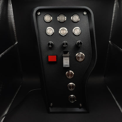 Front view with red LEDs powered off, highlighting the contrast between the matte faceplate and the distinct chrome buttons.