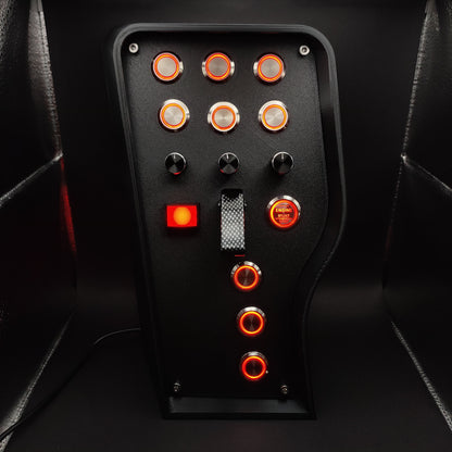 Front view of the Classic - Red Edition button box with a matte textured panel, featuring 10 vibrant red LED buttons and a carbon fibre toggle switch cover.