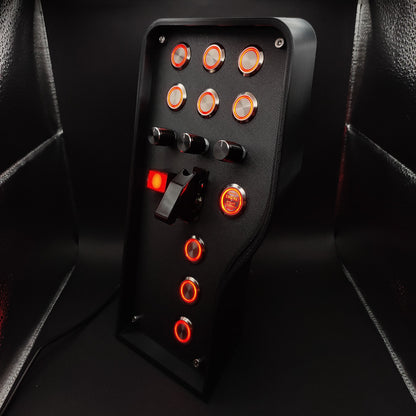 Left-side profile highlighting the isometric curved edge and chrome button array with red LEDs.
