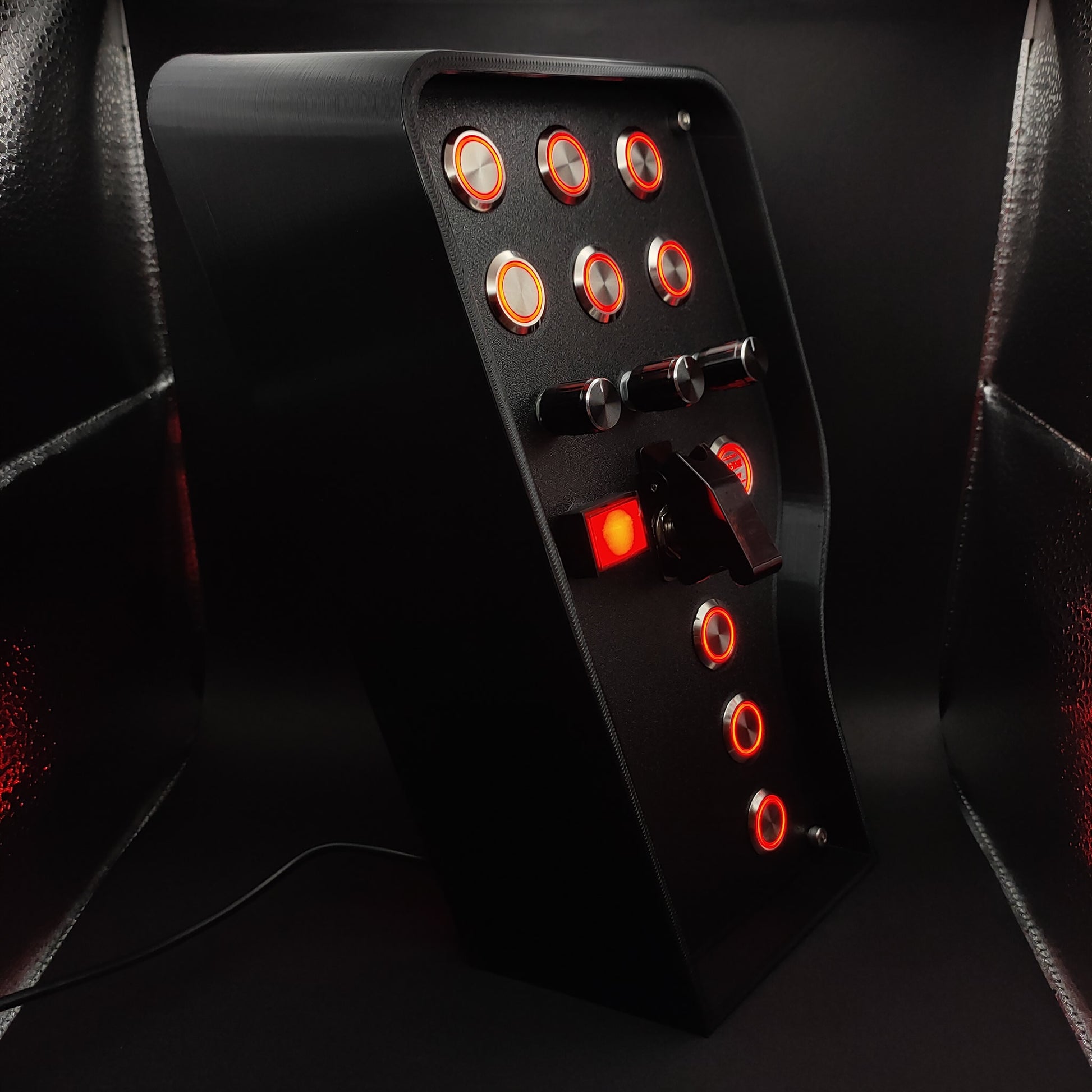 Right-side view showing the durable 3D-printed enclosure and the infinity-turn black-and-chrome rotary encoders for many sim racing adjustments.