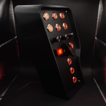Right-side view showing the durable 3D-printed enclosure and the infinity-turn black-and-chrome rotary encoders for many sim racing adjustments.
