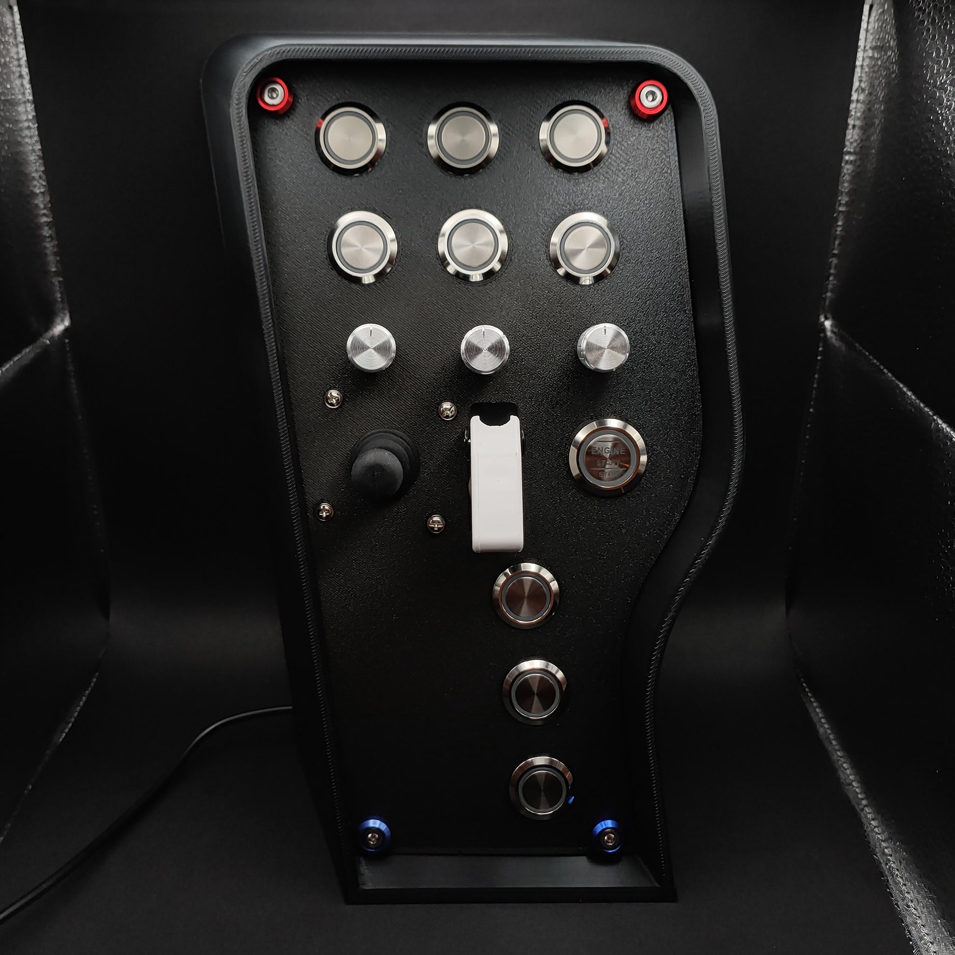 Daytona Edition sim box with 4-way joystick and silver encoders (LEDs powered off).