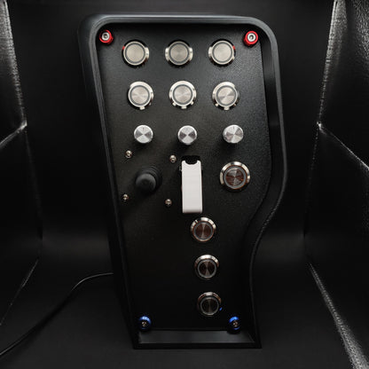 Daytona Edition sim box with 4-way joystick and silver encoders (LEDs powered off).