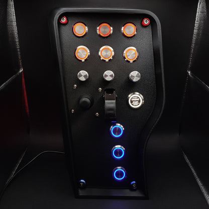 Daytona Edition button box with stealth matte finish, silver aluminium encoders, and black toggle.