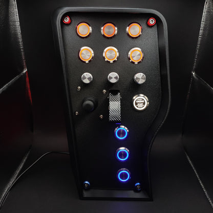 Daytona Edition button box with matte faceplate and a premium carbon fibre effect toggle switch cover.