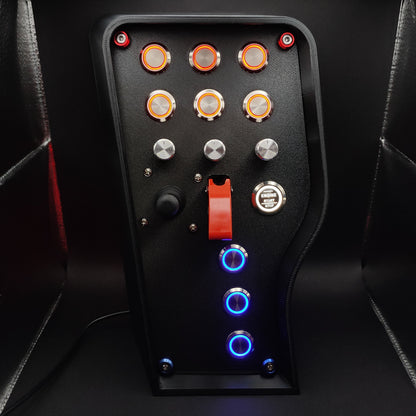OSG Daytona Edition sim racing box featuring patriotic LEDs with a matching red toggle cover.