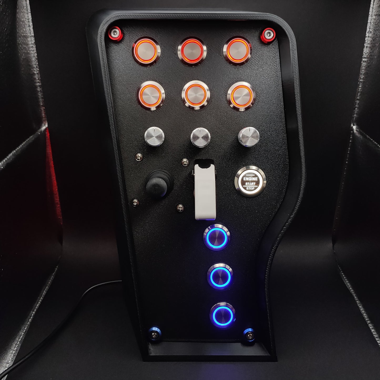 Daytona Edition sim button box with matte black panel, red & dark blue split trim, and white ignition toggle.