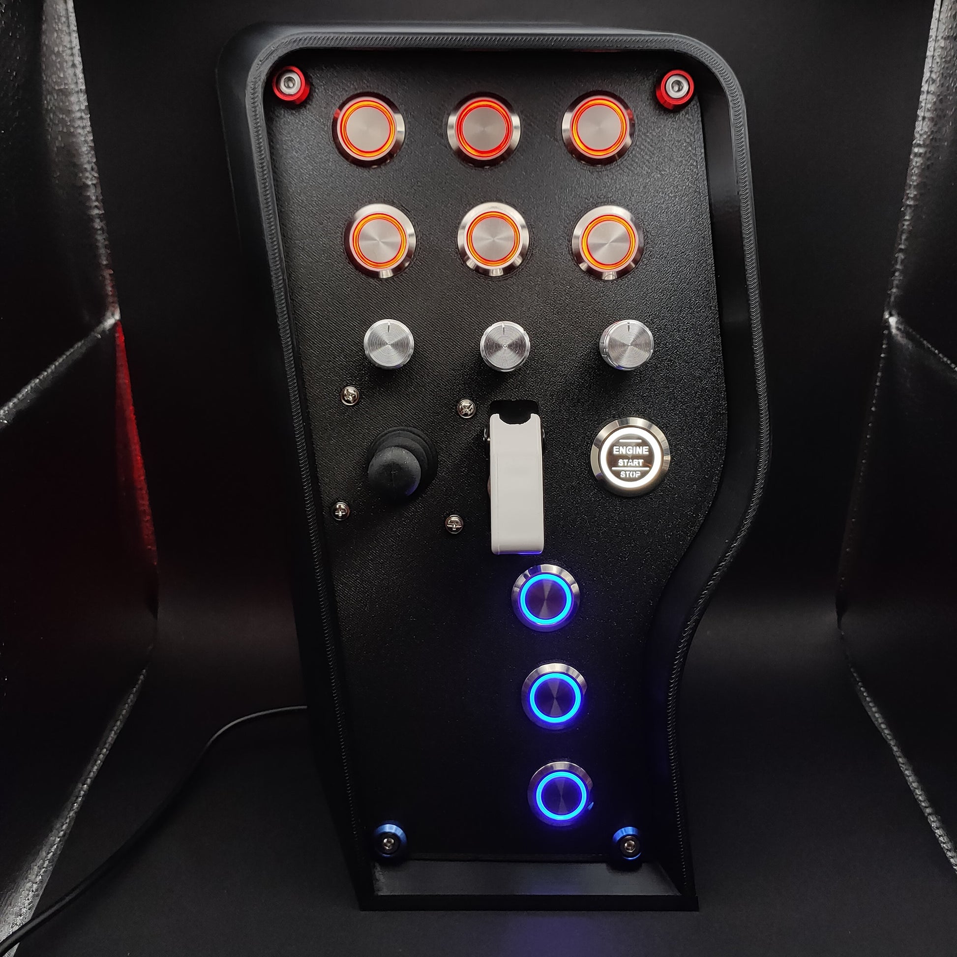 Daytona Edition sim button box with matte black panel, red & dark blue split trim, and white ignition toggle.
