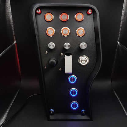 Daytona Edition sim button box with matte black panel, red & dark blue split trim, and white ignition toggle.