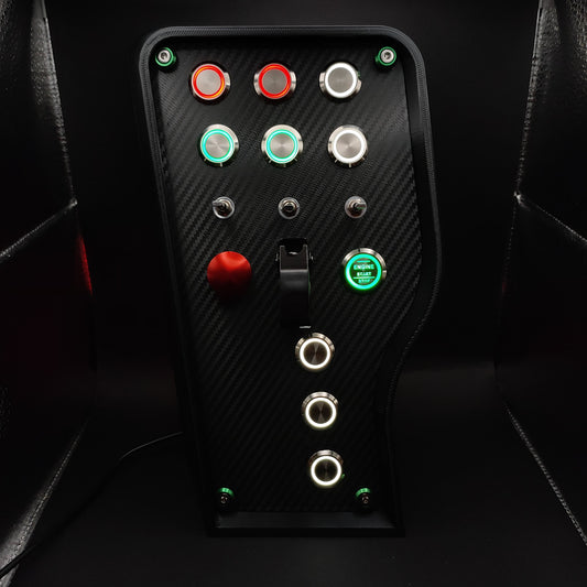 Monza Edition sim box with carbon fibre panel, Tricolore LEDs, and black ignition toggle cover.