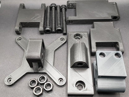 Complete kit contents: modular arm segments, button box mounting plate, M8 bolts, and T-nuts for full customisation of your sim rig setup.