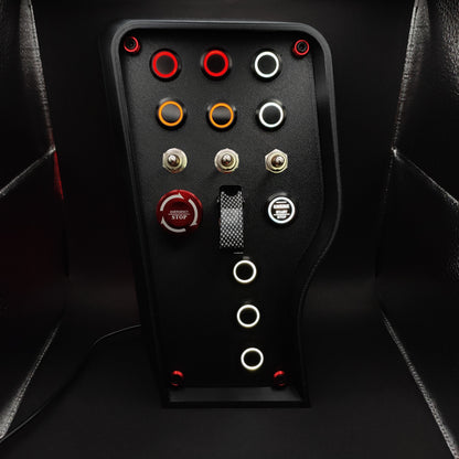 OSG Nürburgring Edition button box with industrial 3-way toggles and a carbon fibre toggle cover.