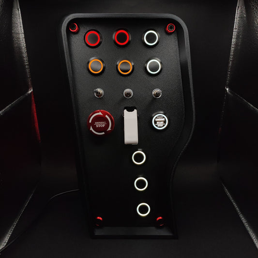 Nürburgring Edition sim box featuring red, yellow, and white LEDs with a white ignition toggle.