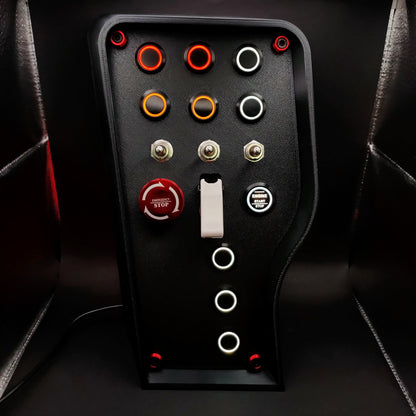 Nürburgring Edition sim box featuring red, yellow, and white LEDs with a white ignition toggle.