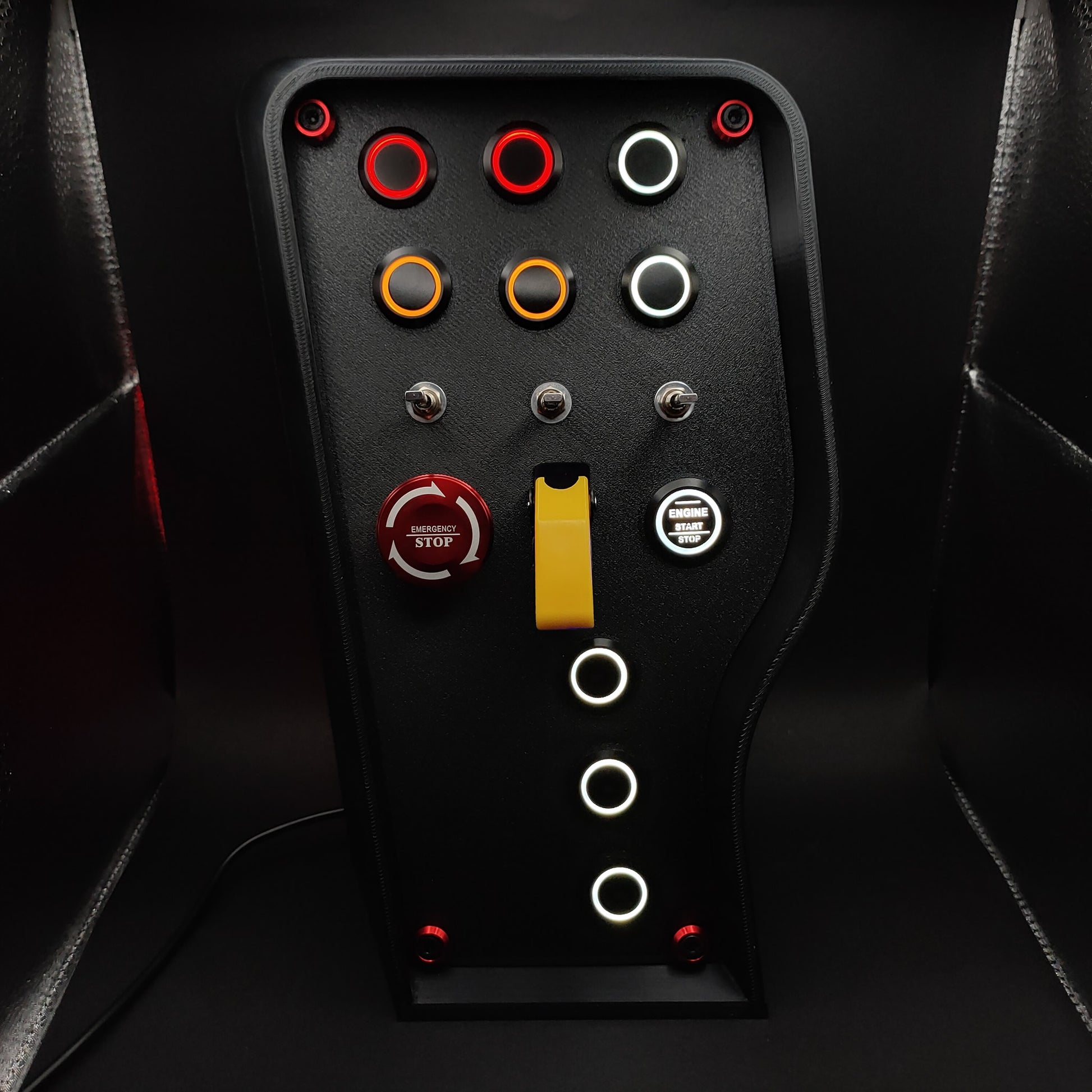OSG Nürburgring Edition button box with industrial 3-way toggles and a yellow toggle cover.
