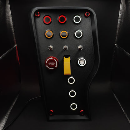 OSG Nürburgring Edition button box with industrial 3-way toggles and a yellow toggle cover.