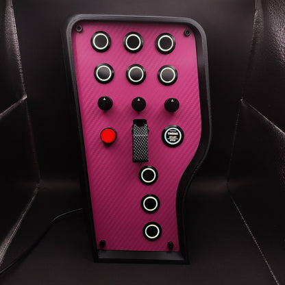 Pink Edition sim racing box featuring pink carbon fibre faceplate and carbon fibre toggle cover.