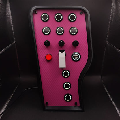 Pink Edition sim racing box featuring pink carbon fibre faceplate and high-contrast white toggle cover.