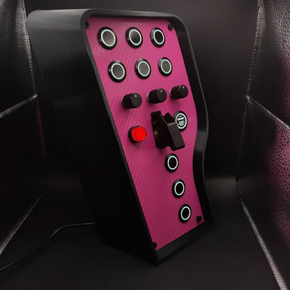 Right angle view of the Pink Edition showing the pink carbon fibre weave and black aluminium illuminated buttons.