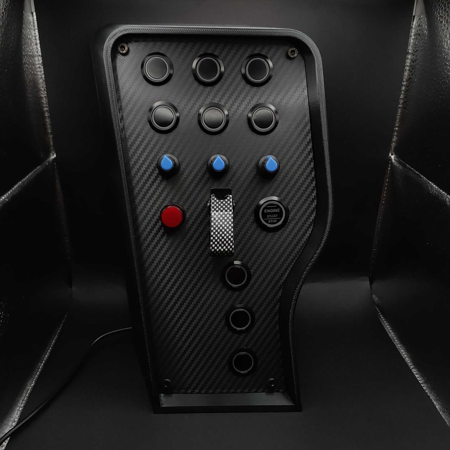 Sport Blue Edition sim racing button box with black plastic encoders and carbon fibre toggle (LEDs off).
