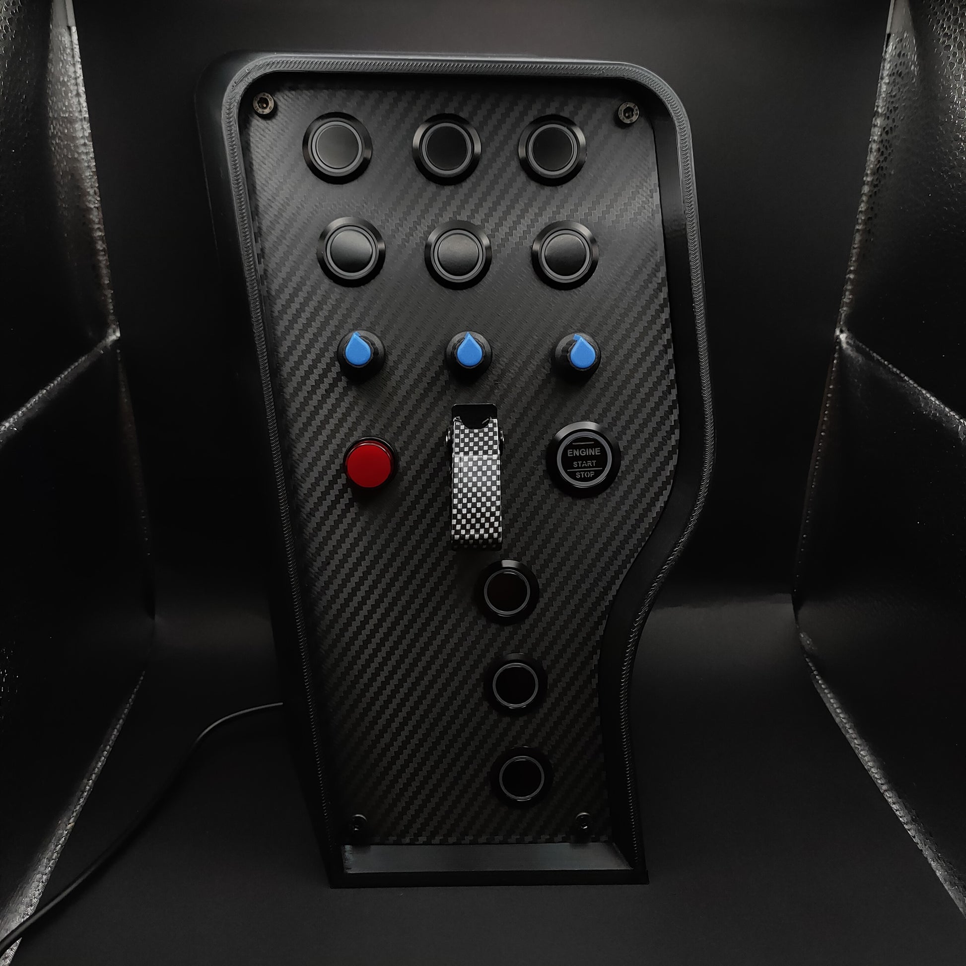 Sport Blue Edition sim racing button box with black plastic encoders and carbon fibre toggle (LEDs off).