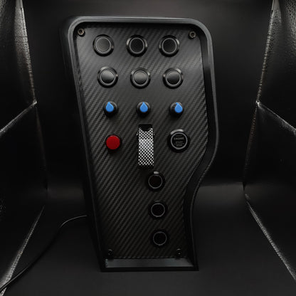 Sport Blue Edition sim racing button box with black plastic encoders and carbon fibre toggle (LEDs off).