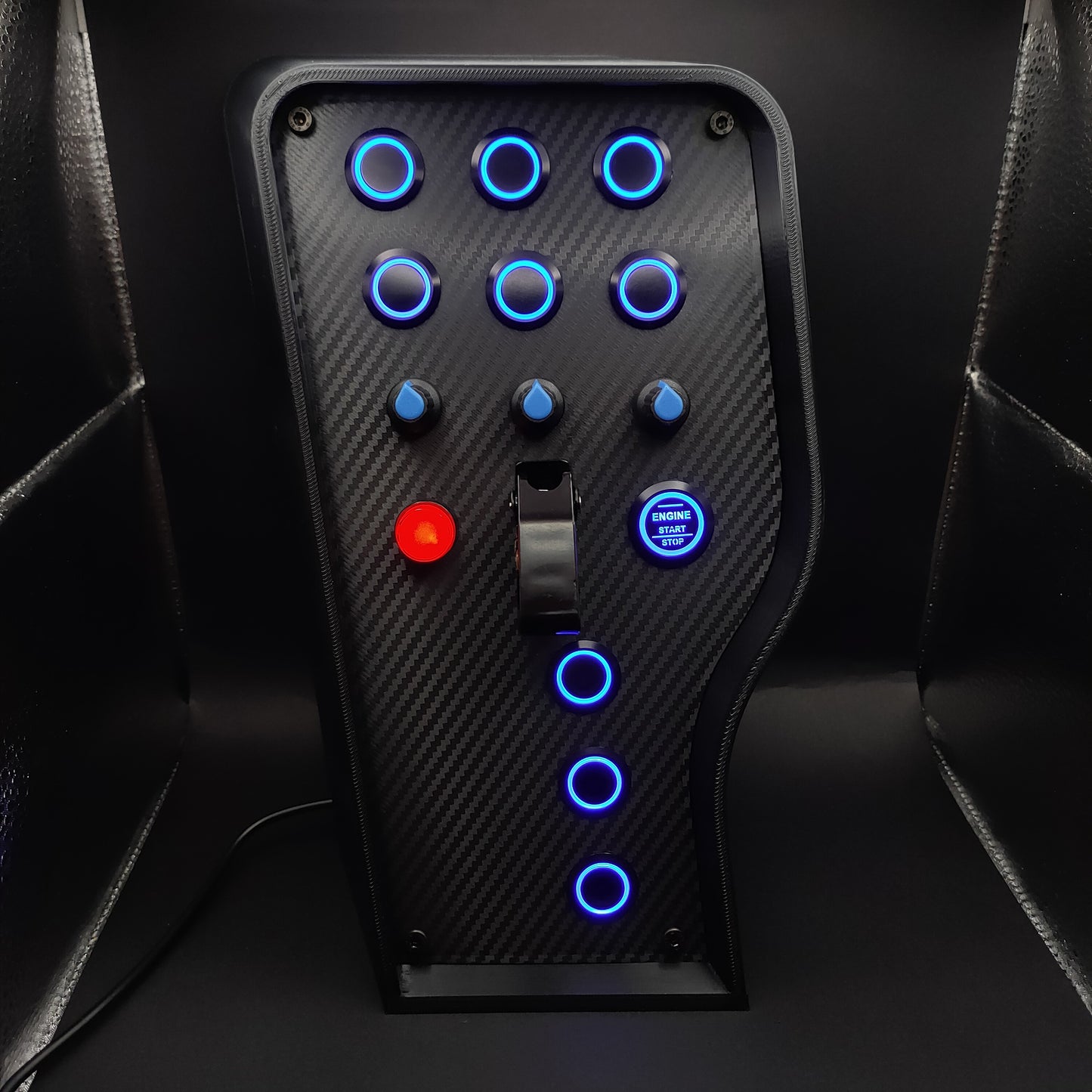 Sport Blue Edition sim button box with carbon fibre panel, blue LEDs, and black ignition toggle cover.