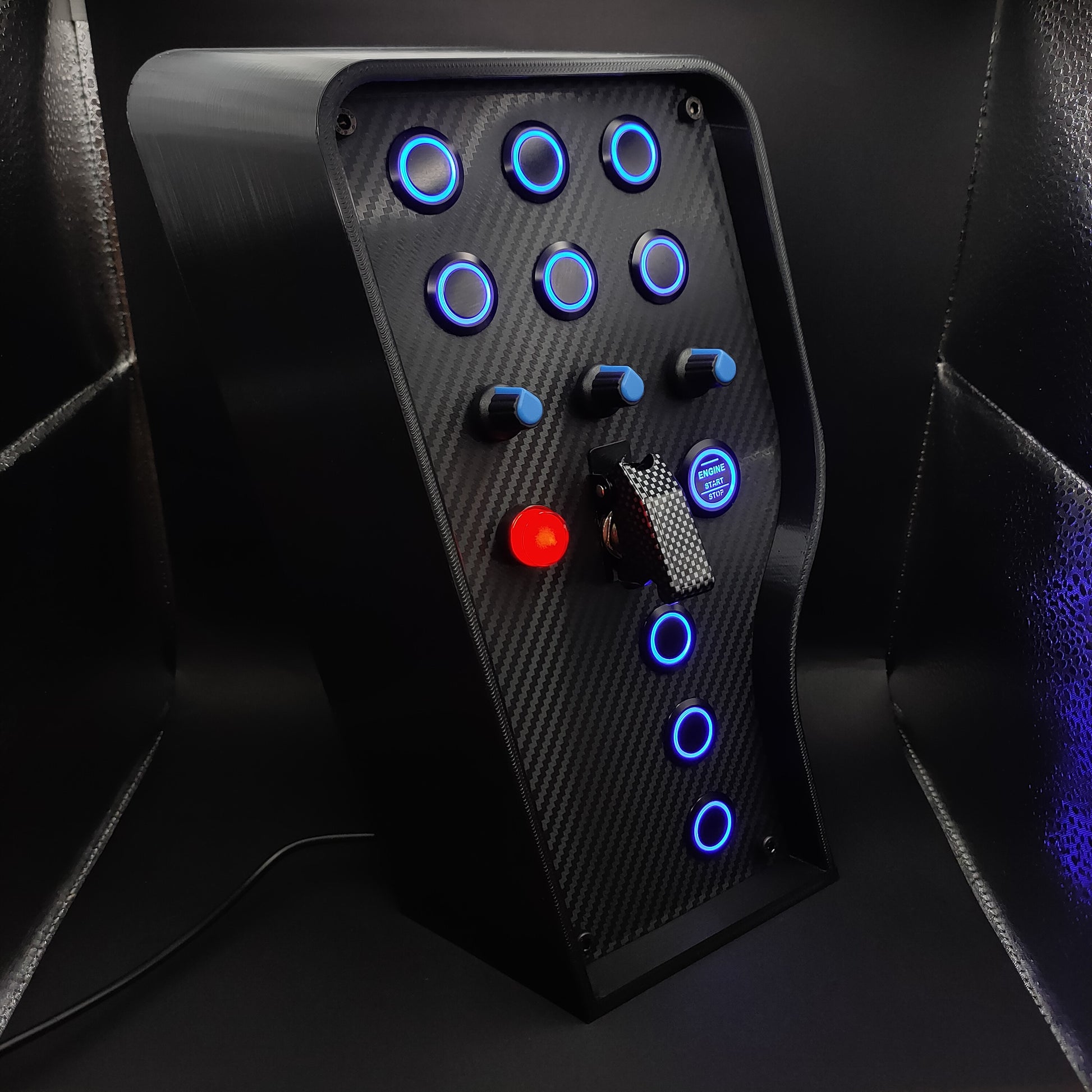 Right angle view of Sport Blue Edition box highlighting the isometric shell and blue illuminated push buttons.