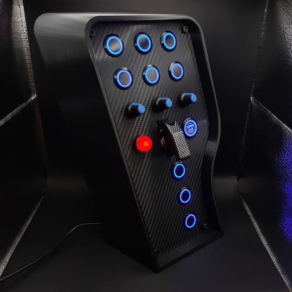 Right angle view of Sport Blue Edition box highlighting the isometric shell and blue illuminated push buttons.