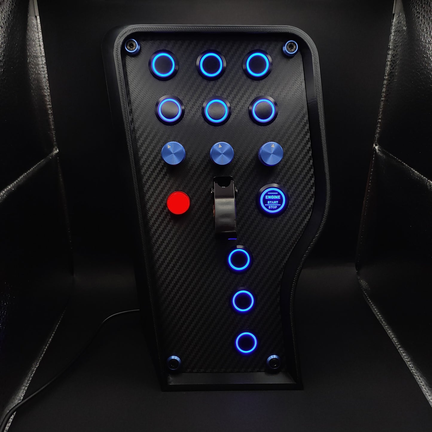 Sport+ Blue Edition sim button box with carbon fibre panel, blue LEDs, and black ignition toggle cover.