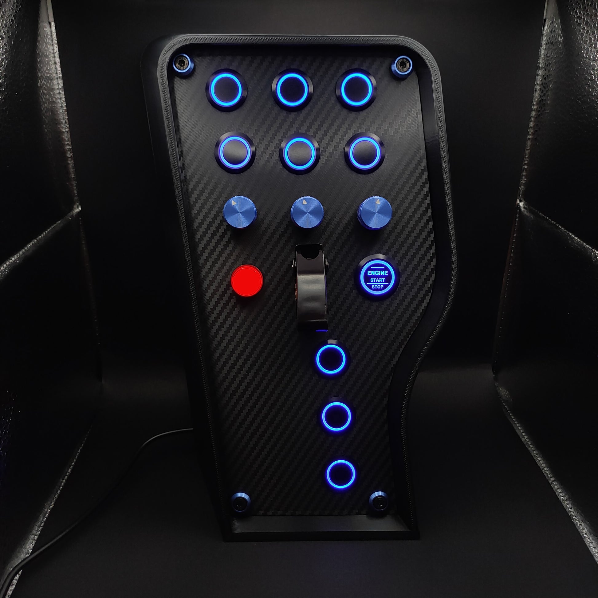 Sport+ Blue Edition sim button box with carbon fibre panel, blue LEDs, and black ignition toggle cover.