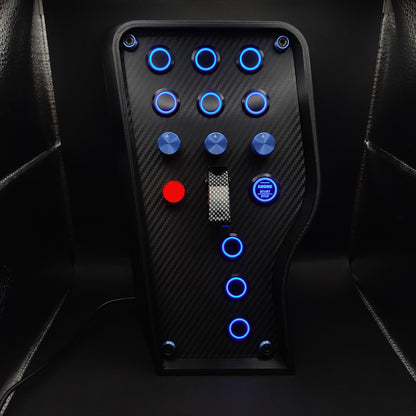 Sport+ Blue Edition button box featuring carbon fibre faceplate, blue LED rings, and carbon fibre toggle cover.